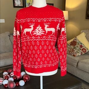 Cupcakes & Cashmere Red and White Festive Reindeer Crewneck Sweater-XS